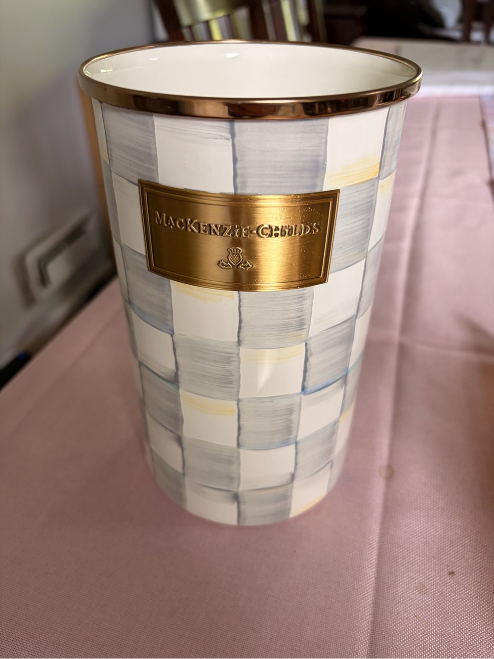 Like new MacKenzie-Childs Cream, Sterling Check Ceramic Vase